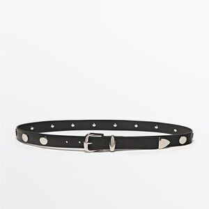 NWT. Massimo Dutti Black Leather Belt with Stud Details. Size S.